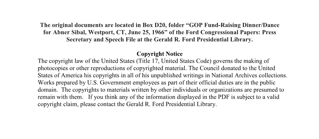 GOP Fund-Raising Dinner/Dance for Abner Sibal, Westport, CT, June 25, 1966” of the Ford Congressional Papers: Press Secretary and Speech File at the Gerald R