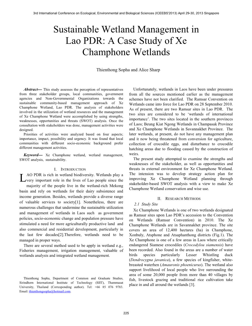 Sustainable Wetland Management in Lao PDR: a Case Study of Xe Champhone Wetlands