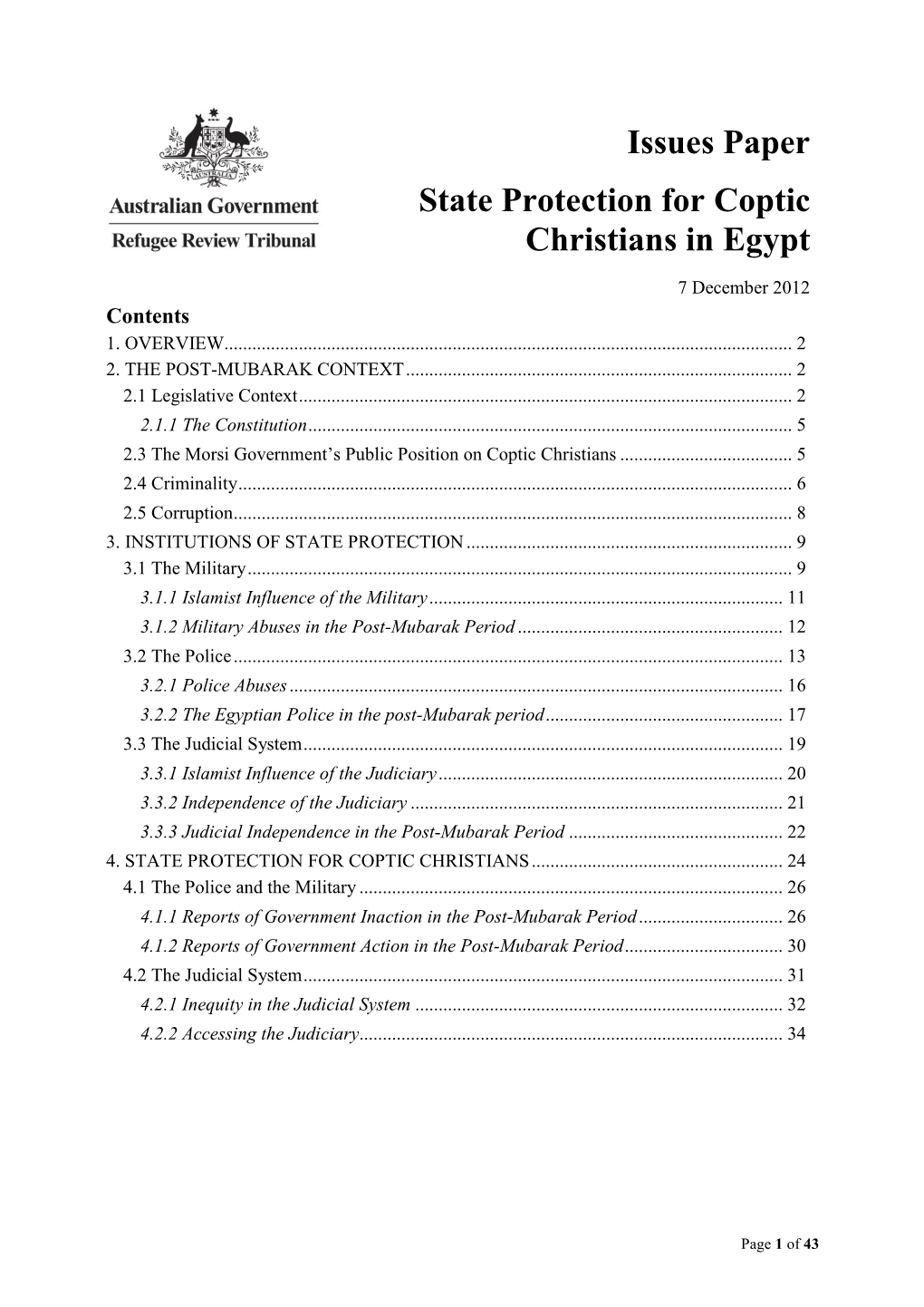 State Protection for Coptic Christians in Egypt in the Post-Mubarak Period