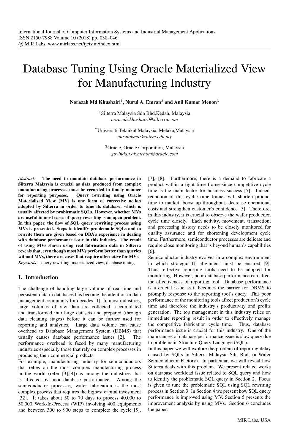 Database Tuning Using Oracle Materialized View for Manufacturing Industry