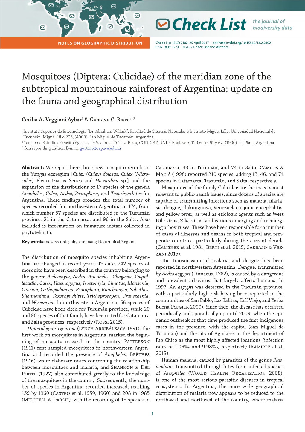 Mosquitoes (Diptera: Culicidae) of the Meridian Zone of the Subtropical Mountainous Rainforest of Argentina: Update on the Fauna and Geographical Distribution