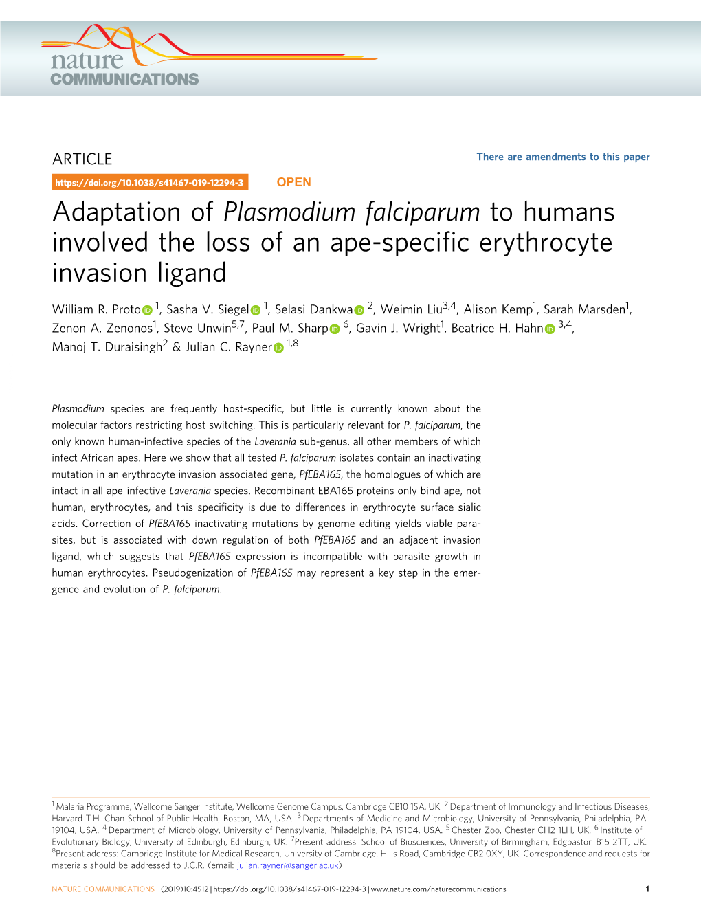 Adaptation of Plasmodium Falciparum to Humans Involved the Loss of an Ape-Speciﬁc Erythrocyte Invasion Ligand