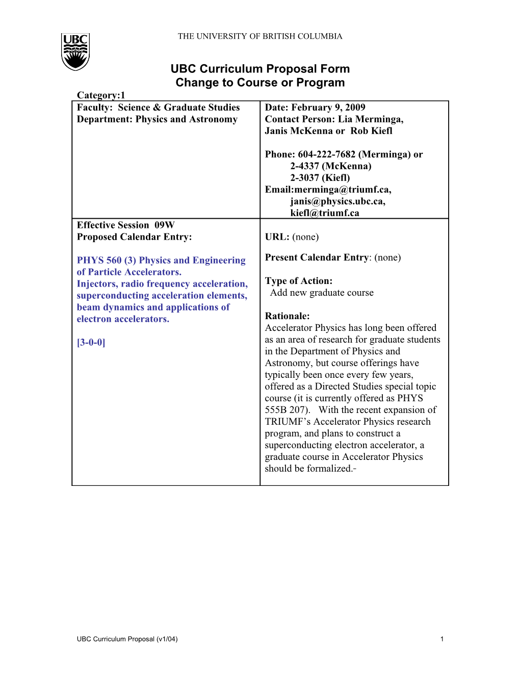 UBC Curriculum Proposal Form