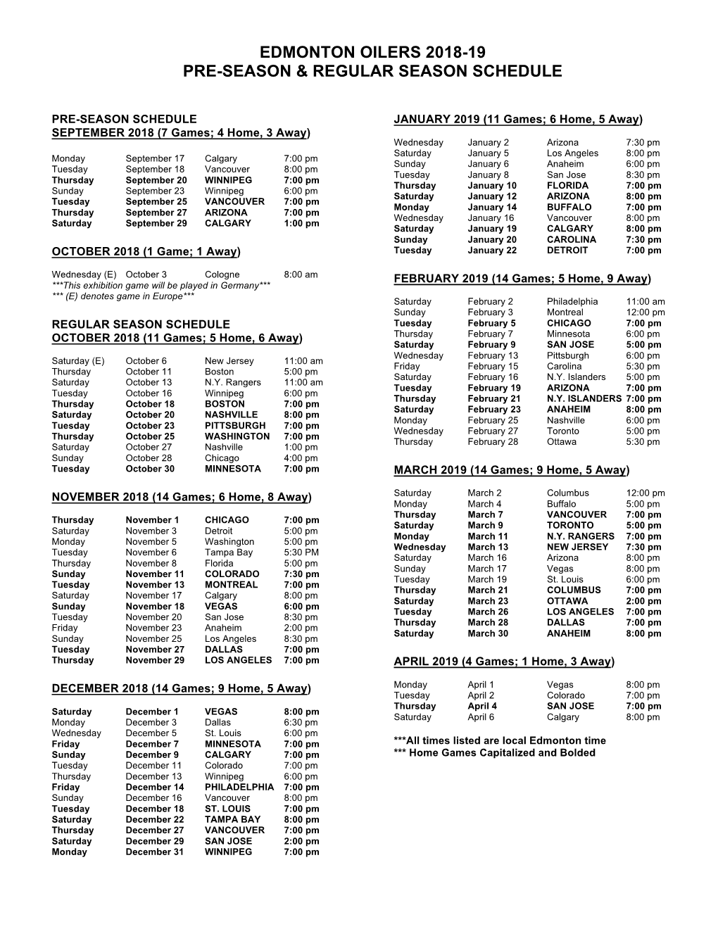 2018-19 OILERS SCHEDULE BREAKDOWN with Times FINAL