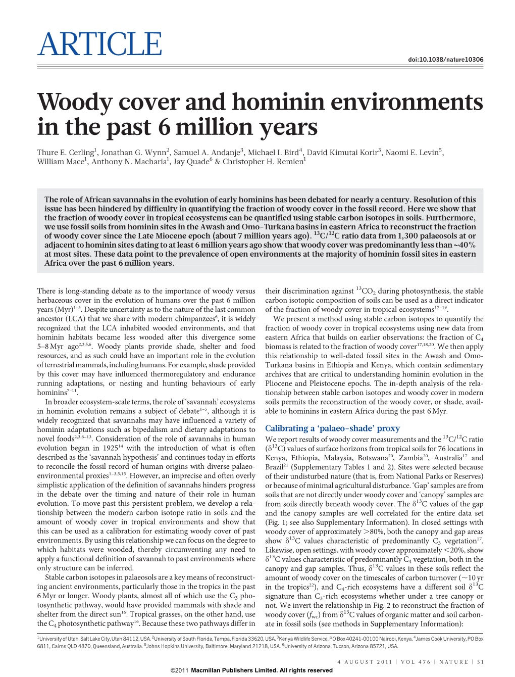 Woody Cover and Hominin Environments in the Past 6 Million Years