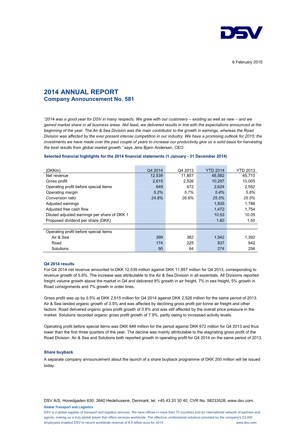 2014 ANNUAL REPORT Company Announcement No