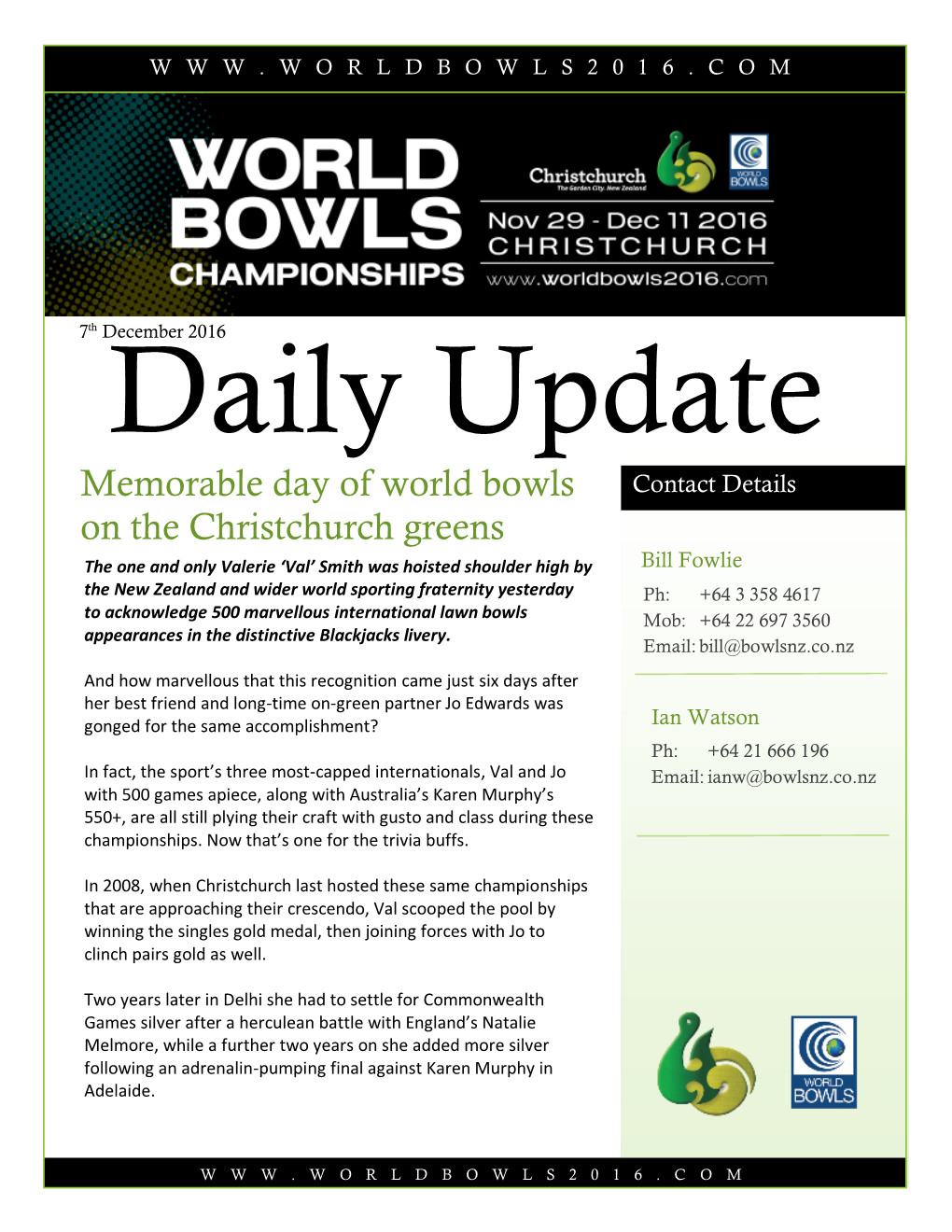 Memorable Day of World Bowls on the Christchurch Greens