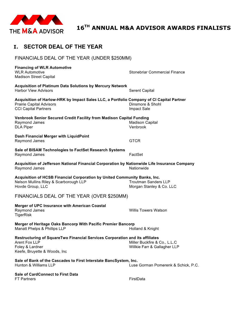 16Th Annual M&A Advisor Awards Finalists