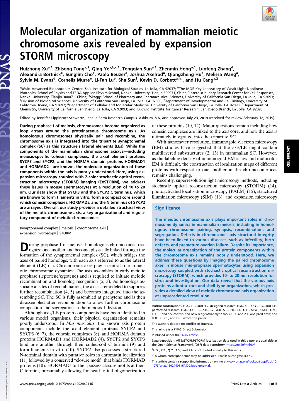 Molecular Organization of Mammalian Meiotic Chromosome Axis Revealed by Expansion STORM Microscopy
