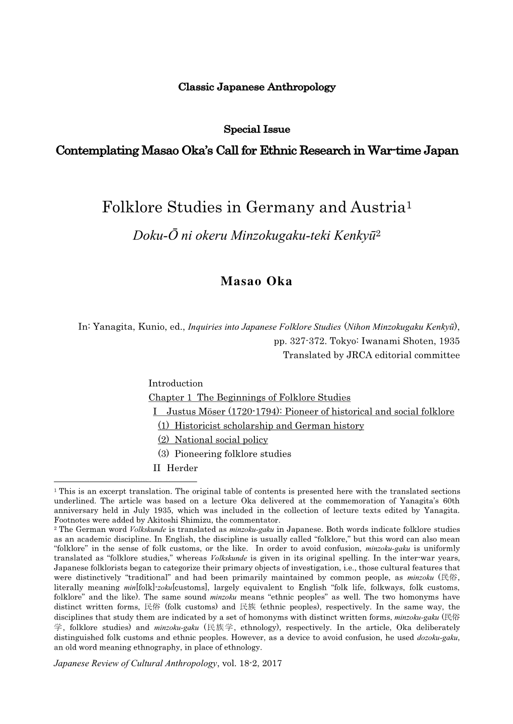 Folklore Studies in Germany and Austria1 Doku-Ō Ni Okeru Minzokugaku-Teki Kenkyū2