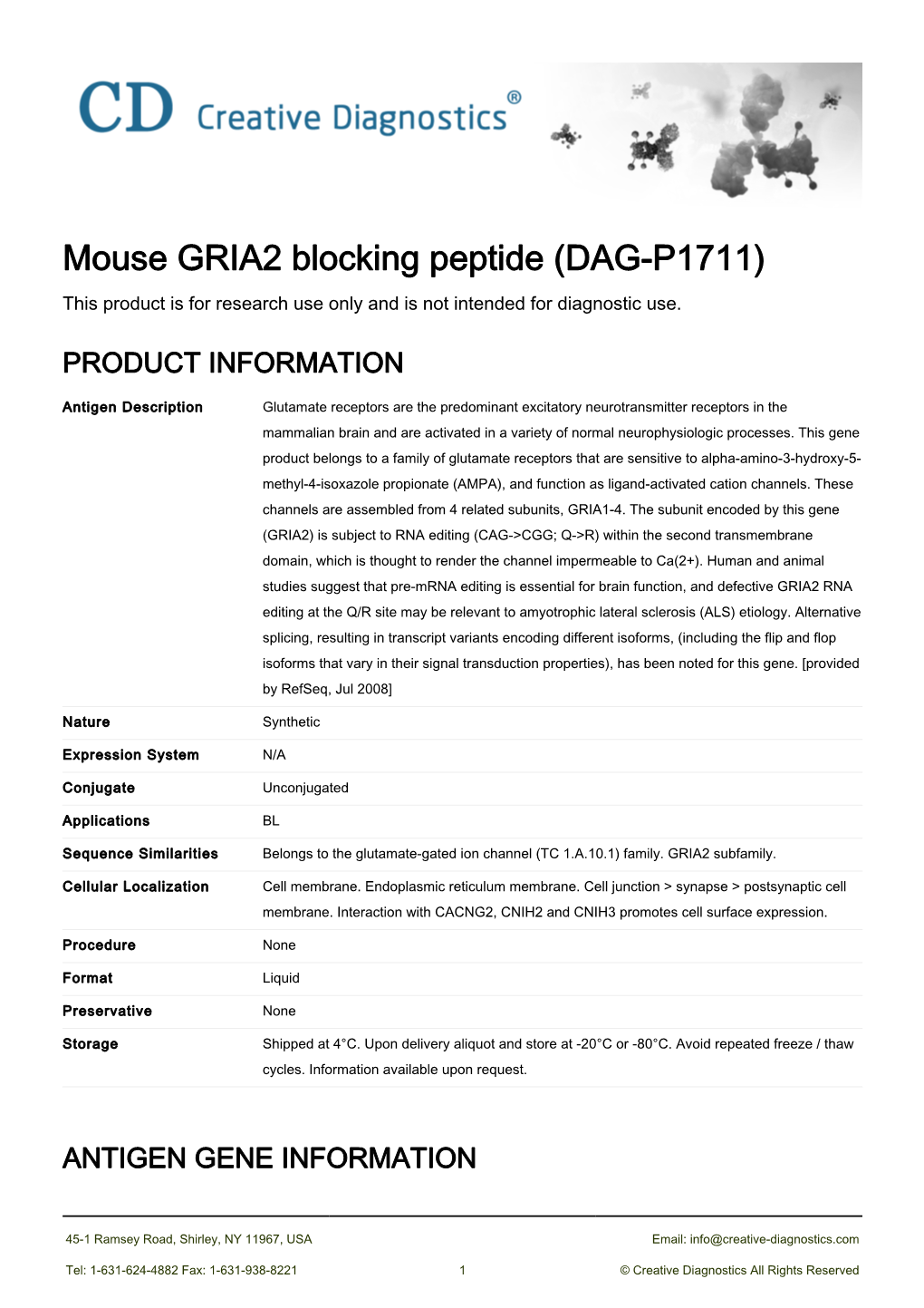 Mouse GRIA2 Blocking Peptide (DAG-P1711) This Product Is for Research Use Only and Is Not Intended for Diagnostic Use