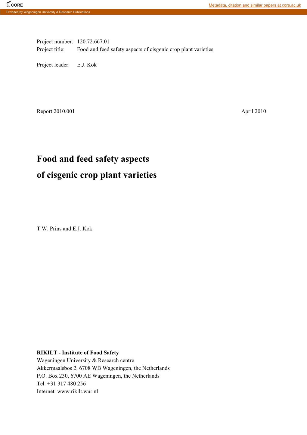Food and Feed Safety Aspects of Cisgenic Crop Plant Varieties