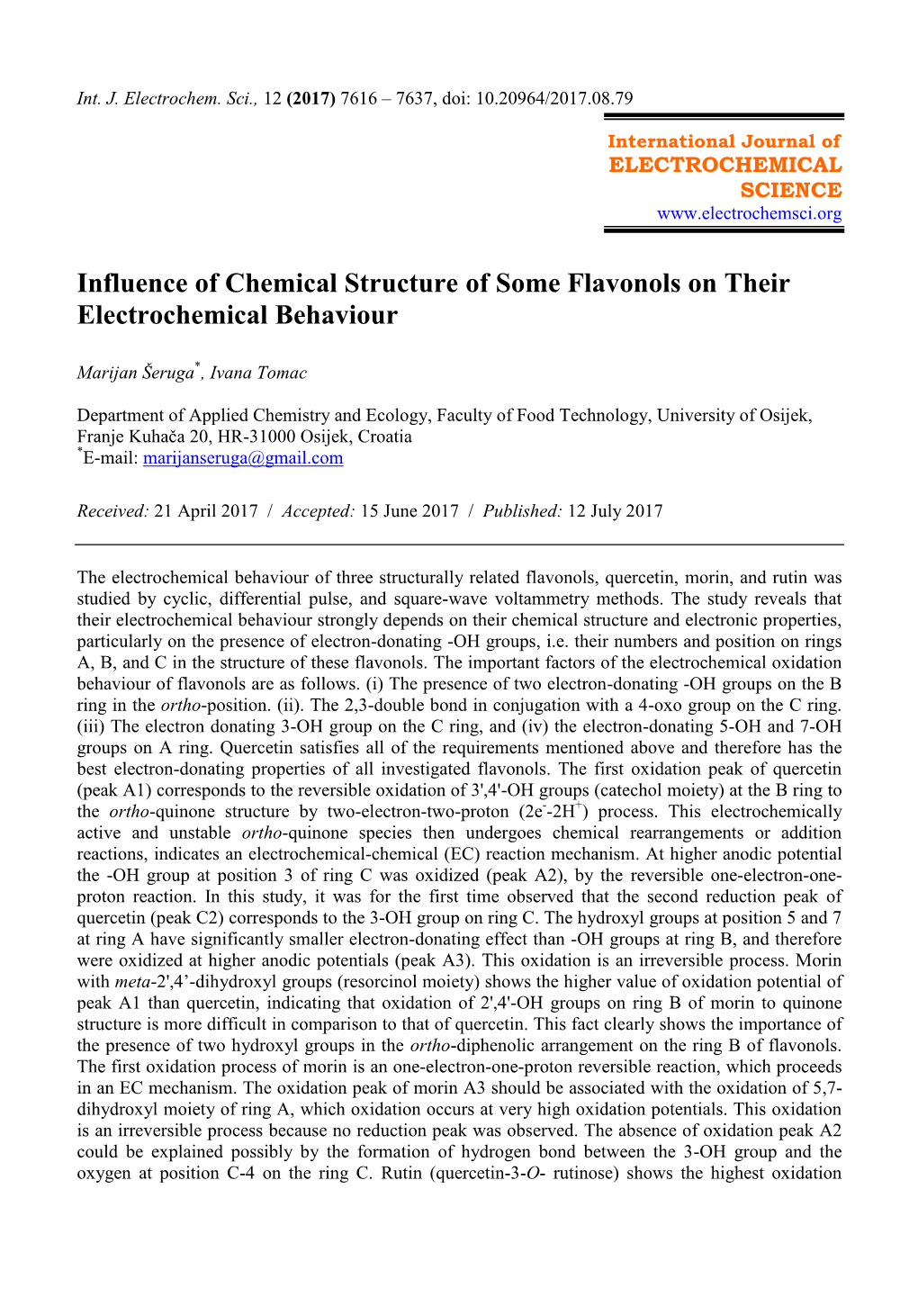 Influence of Chemical Structure of Some Flavonols on Their Electrochemical Behaviour