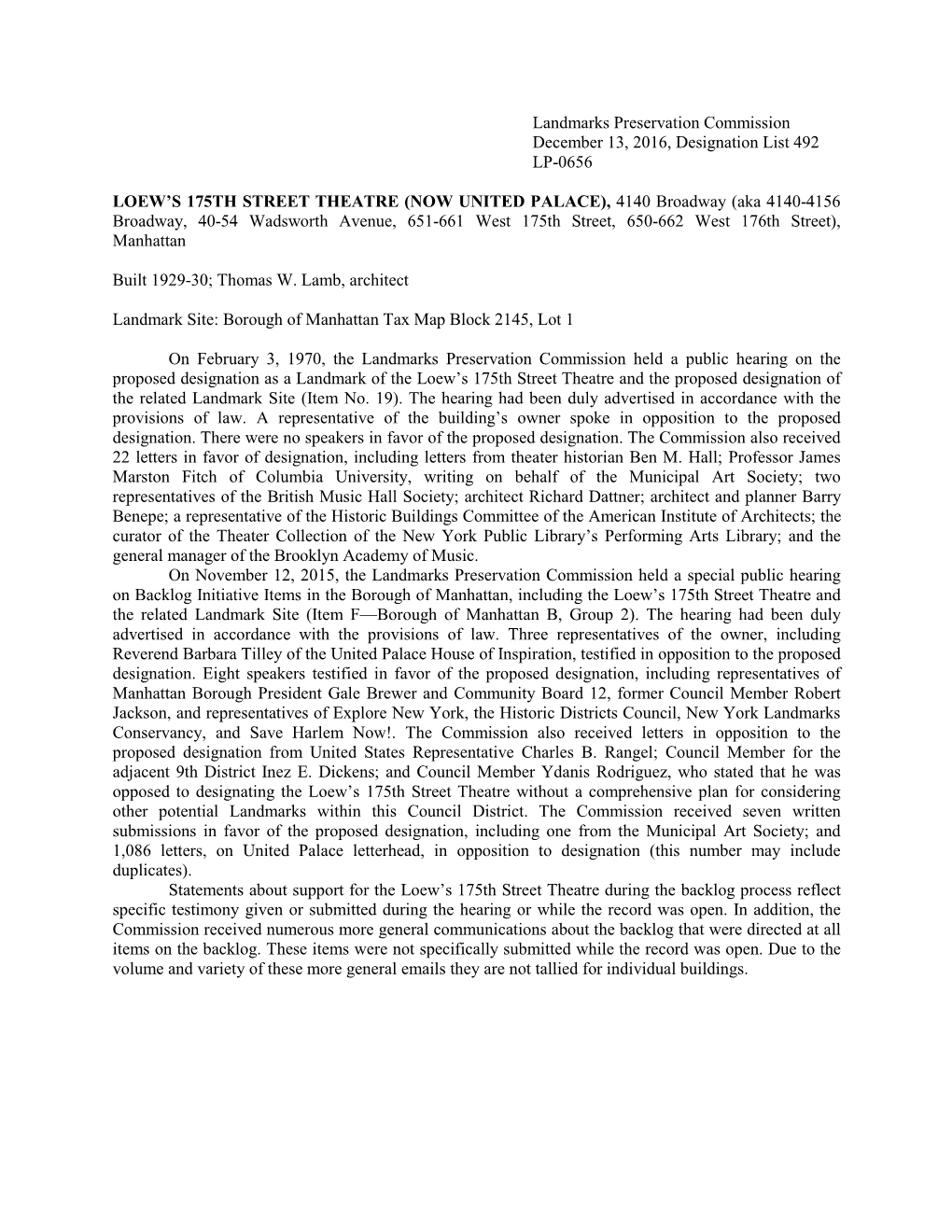 Landmarks Preservation Commission December 13, 2016, Designation List 492 LP-0656