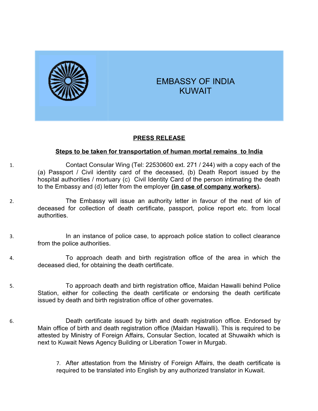 Steps to Be Taken for Transportation of Human Mortal Remains to India