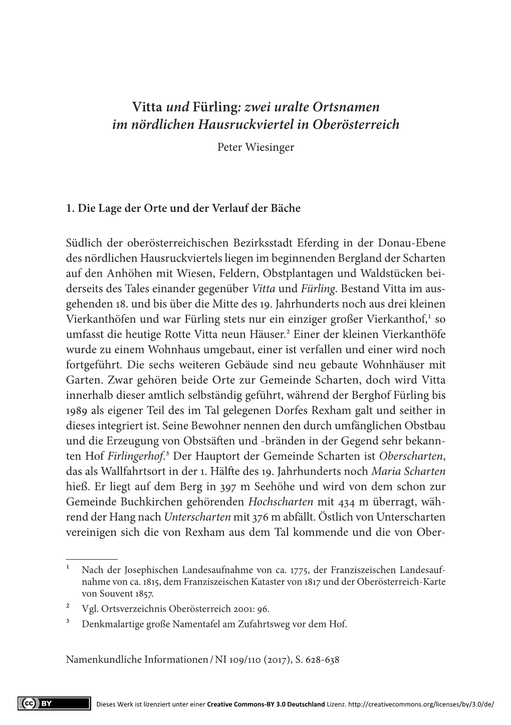 Vitta Und Fürling: Zwei Uralte Ortsnamen Im Nördlichen Hausruckviertel in Oberösterreich Peter Wiesinger