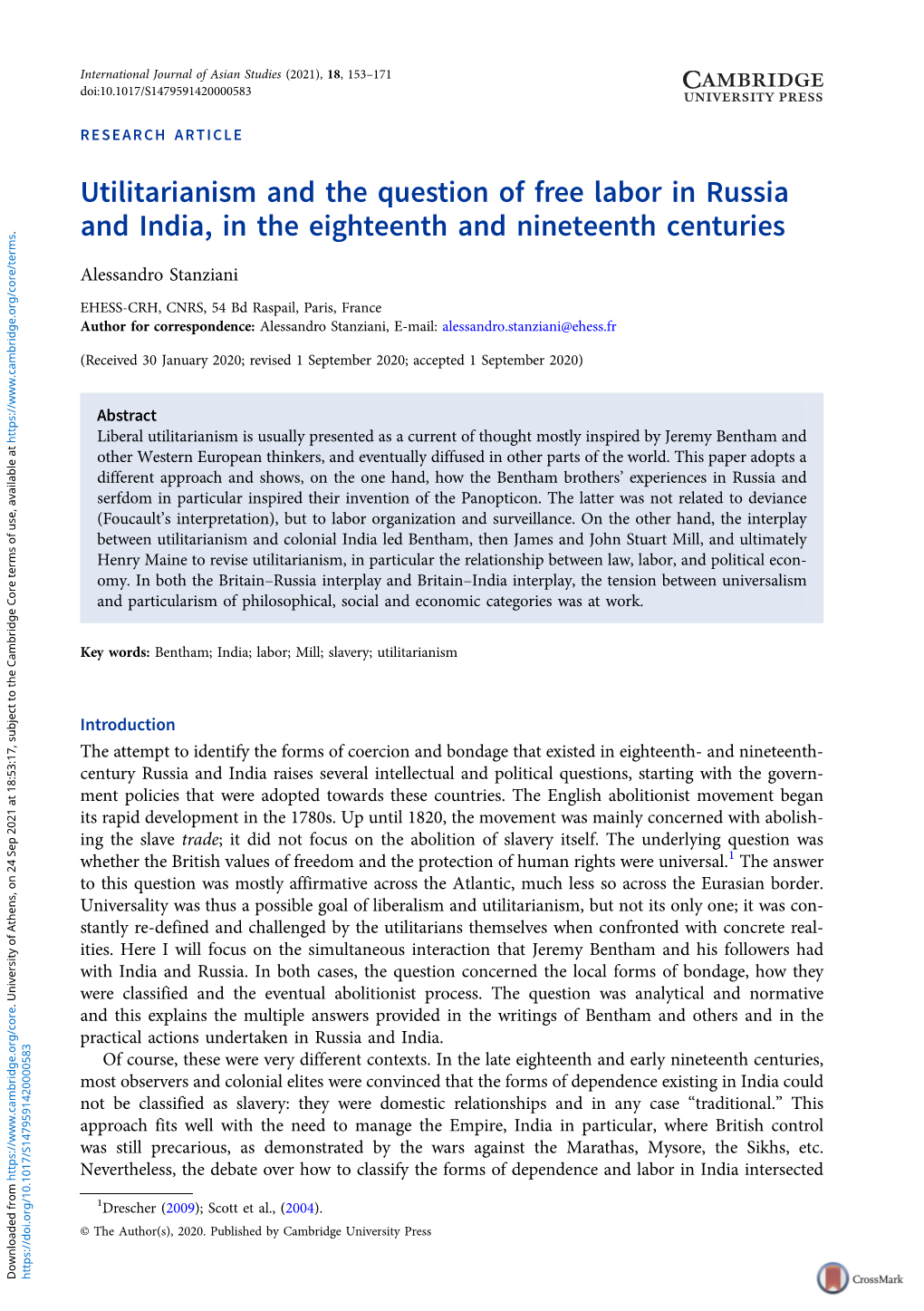 Utilitarianism and the Question of Free Labor in Russia and India, in the Eighteenth And