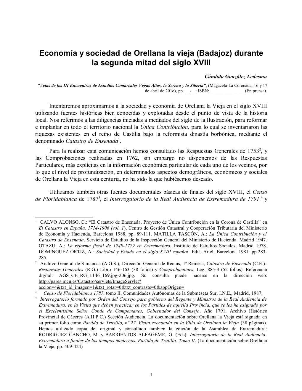 Economía Y Sociedad De Orellana La Vieja (Badajoz) Durante La Segunda Mitad Del Siglo XVIII