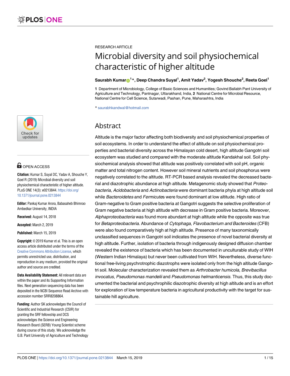 Microbial Diversity and Soil Physiochemical Characteristic of Higher Altitude