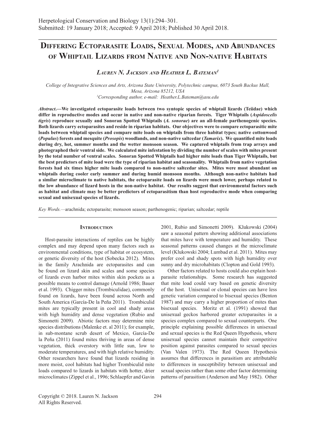 Differing Ectoparasite Loads, Sexual Modes, and Abundances of Whiptail Lizards from Native and Non-Native Habitats