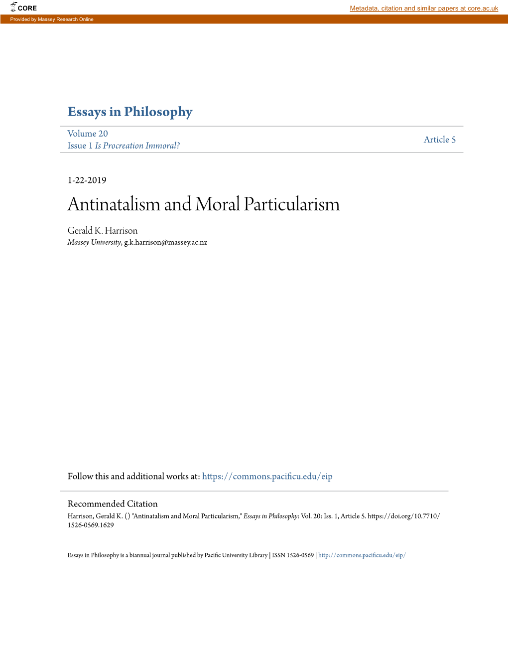 Antinatalism and Moral Particularism Gerald K