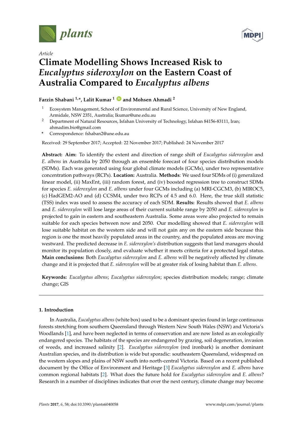 Climate Modelling Shows Increased Risk to Eucalyptus Sideroxylon on the Eastern Coast of Australia Compared to Eucalyptus Albens