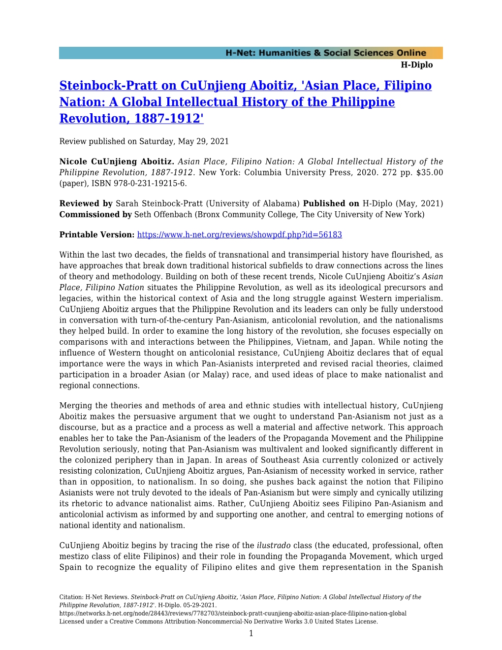 Steinbock-Pratt on Cuunjieng Aboitiz, 'Asian Place, Filipino Nation: a Global Intellectual History of the Philippine Revolution, 1887-1912'