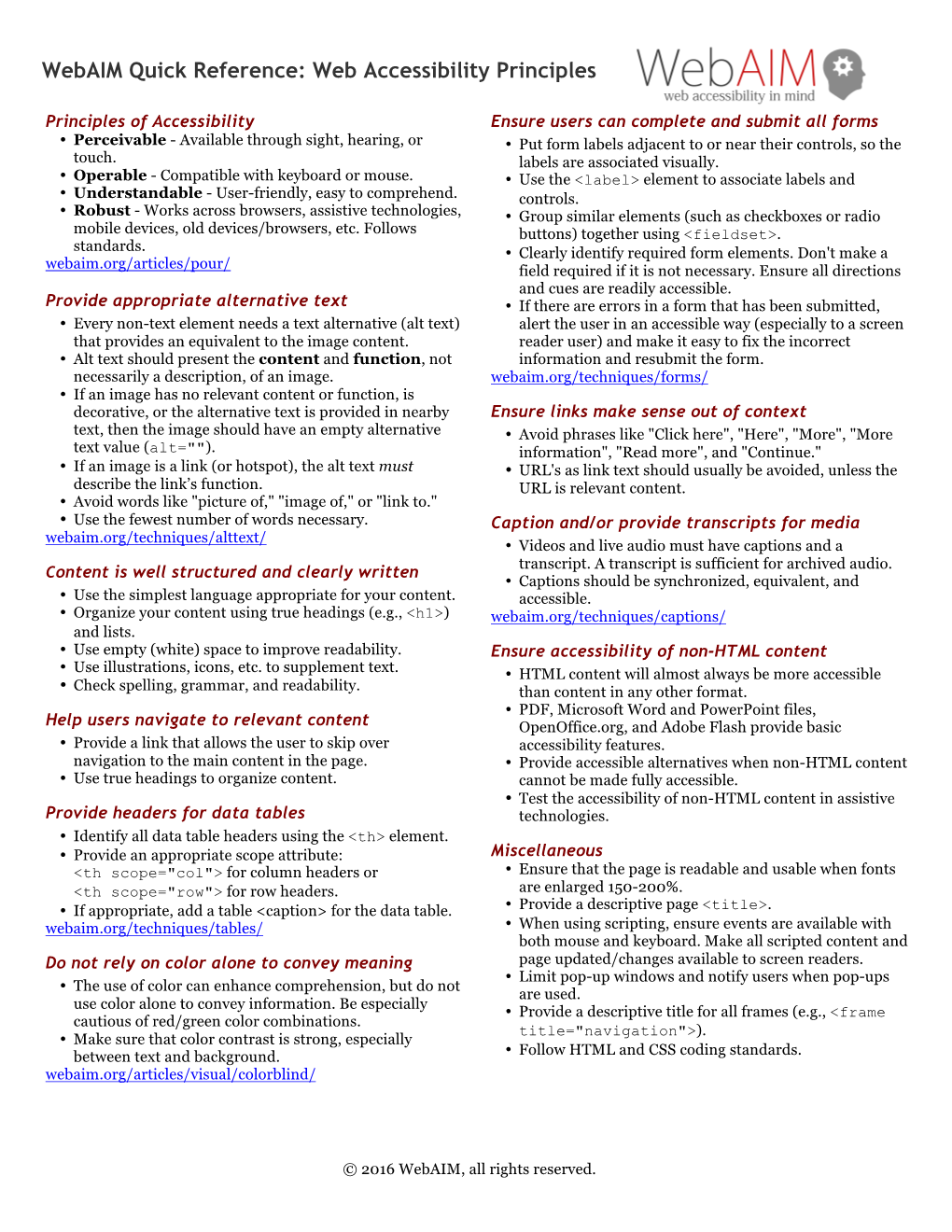 Webaim Quick Reference: Web Accessibility Principles