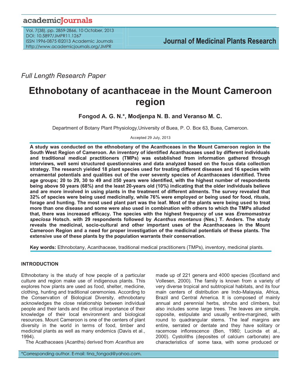 Ethnobotany of Acanthaceae in the Mount Cameroon Region