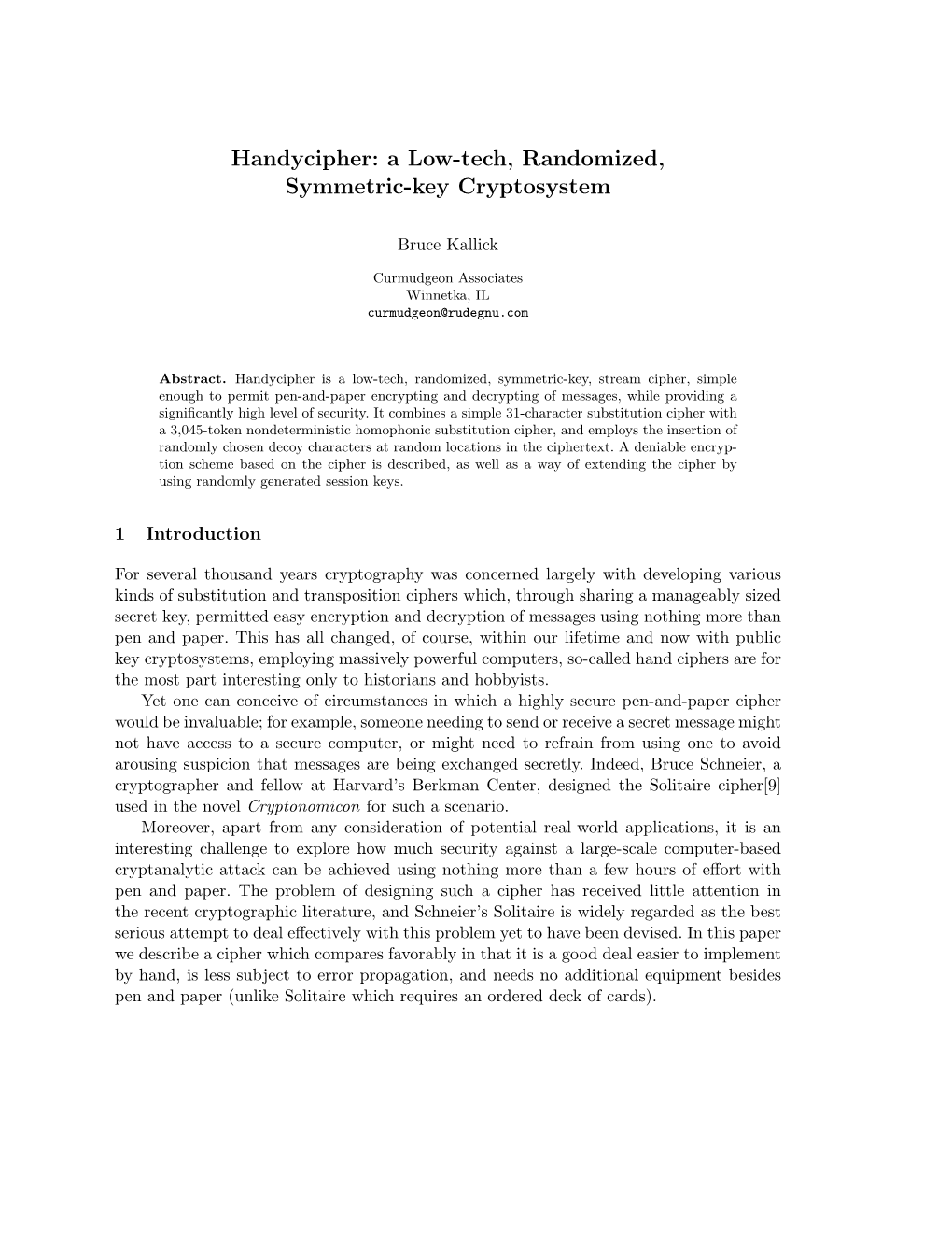 Handycipher: a Low-Tech, Randomized, Symmetric-Key Cryptosystem