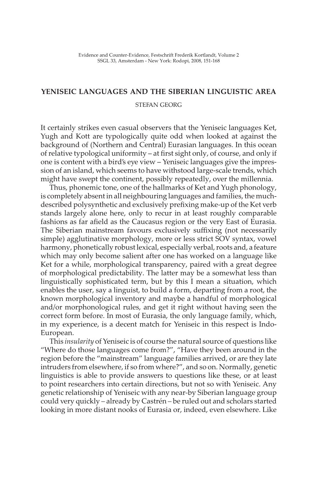 Yeniseic Languages and the Siberian Linguistic Area