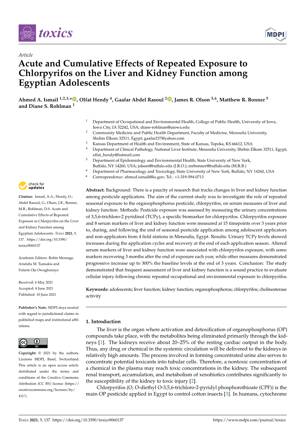 Acute and Cumulative Effects of Repeated Exposure to Chlorpyrifos on the Liver and Kidney Function Among Egyptian Adolescents