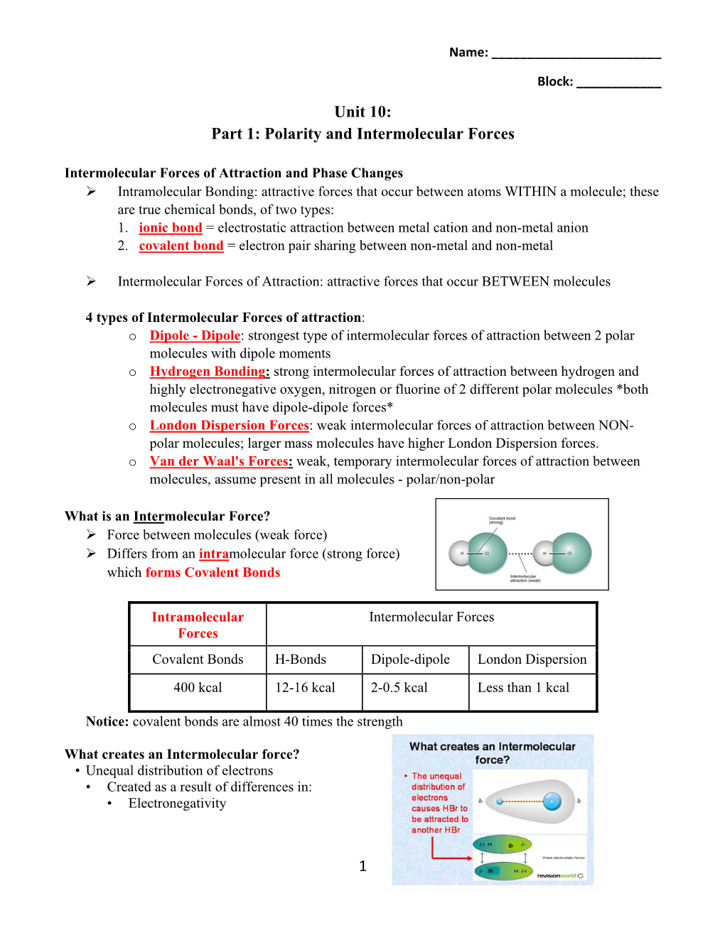 Unit 10: Part 1: Polarity and Intermolecular Forces