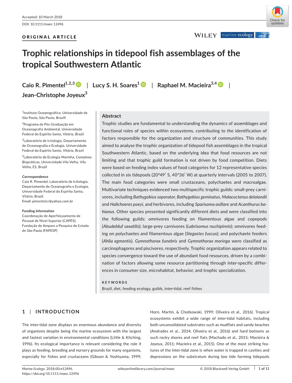 Trophic Relationships in Tidepool Fish Assemblages of the Tropical Southwestern Atlantic