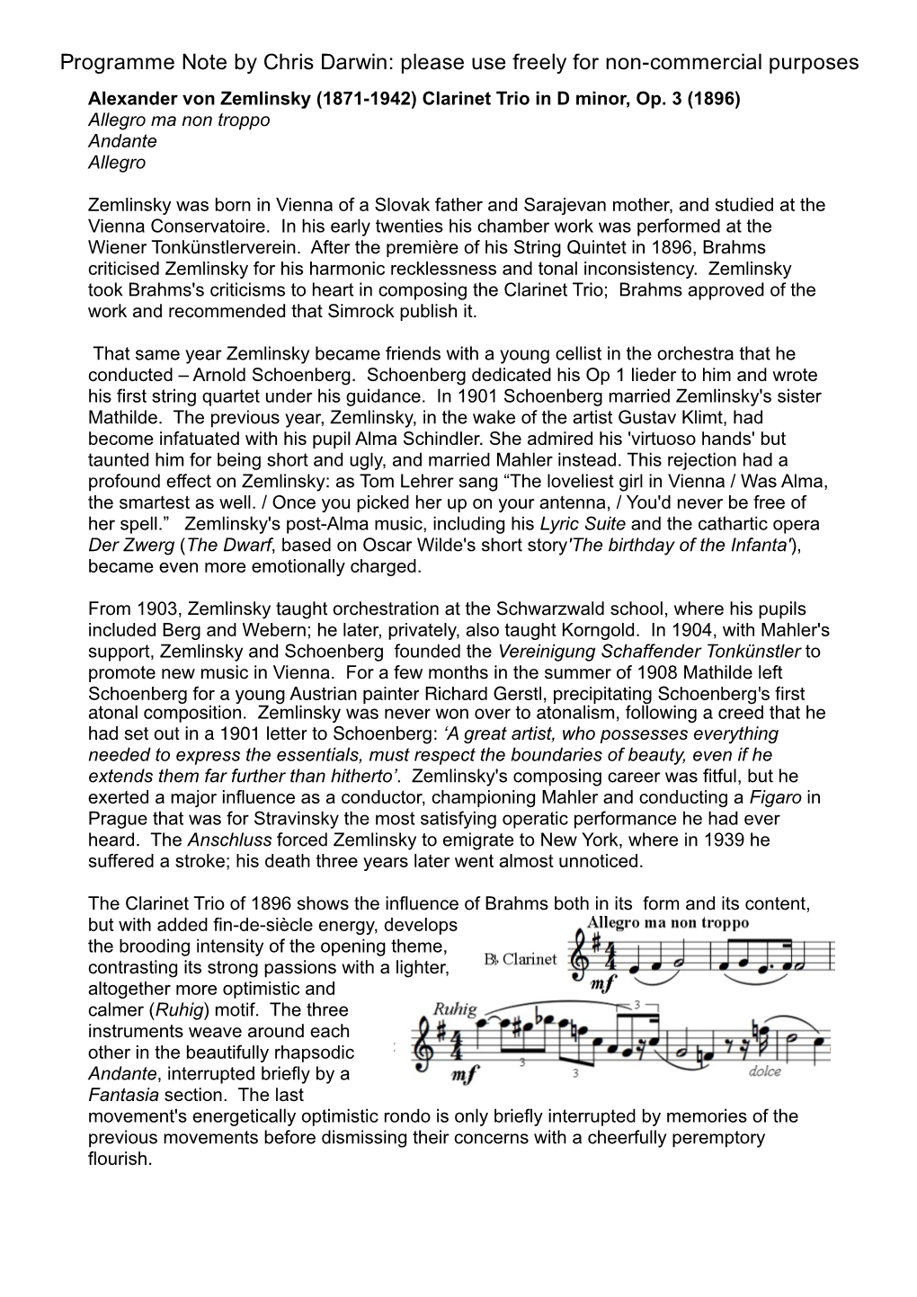 Zemlinsky Clarinet Trio in D Minor, Op. 3