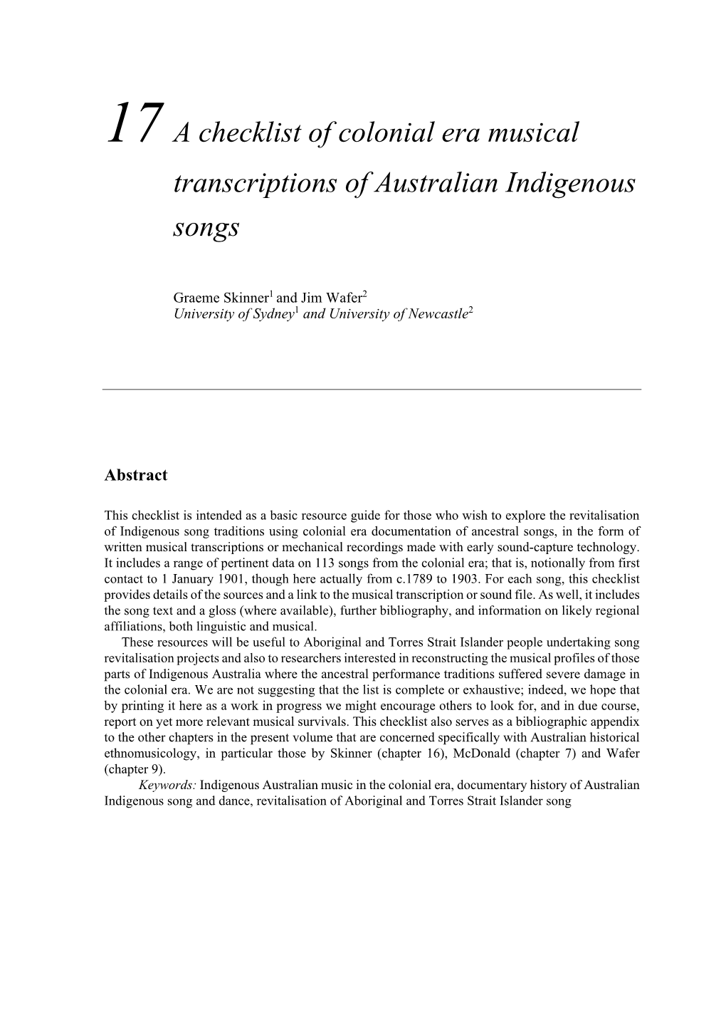 17 a Checklist of Colonial Era Musical Transcriptions of Australian Indigenous Songs