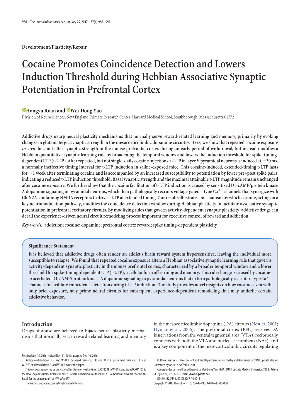 Cocaine Promotes Coincidence Detection and Lowers Induction Threshold During Hebbian Associative Synaptic Potentiation in Prefrontal Cortex