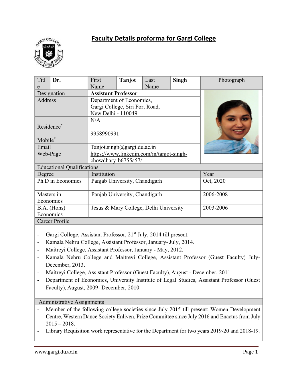 Faculty Details Proforma for Gargi College Website