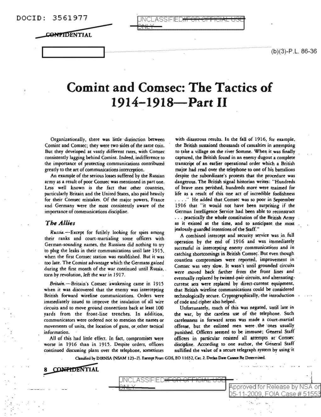 COMINT and COMSEC: the Tactics of 1914-1918, Part II