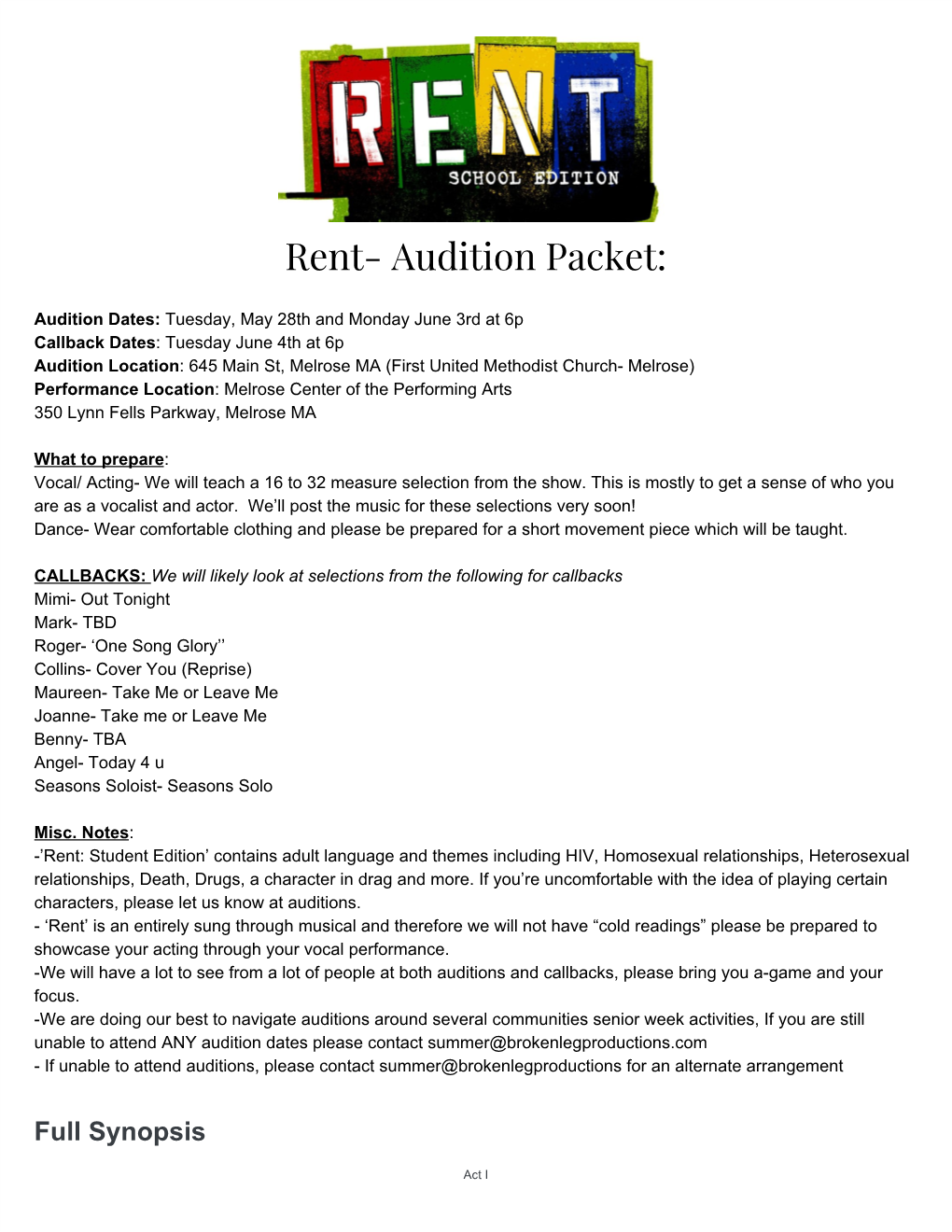 Rent- Audition Packet