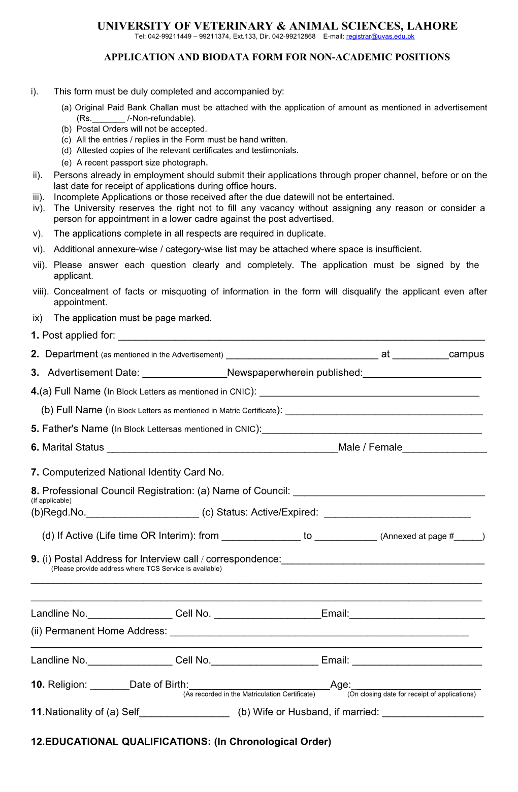 Application and Biodata Form for Non-Academic Positions