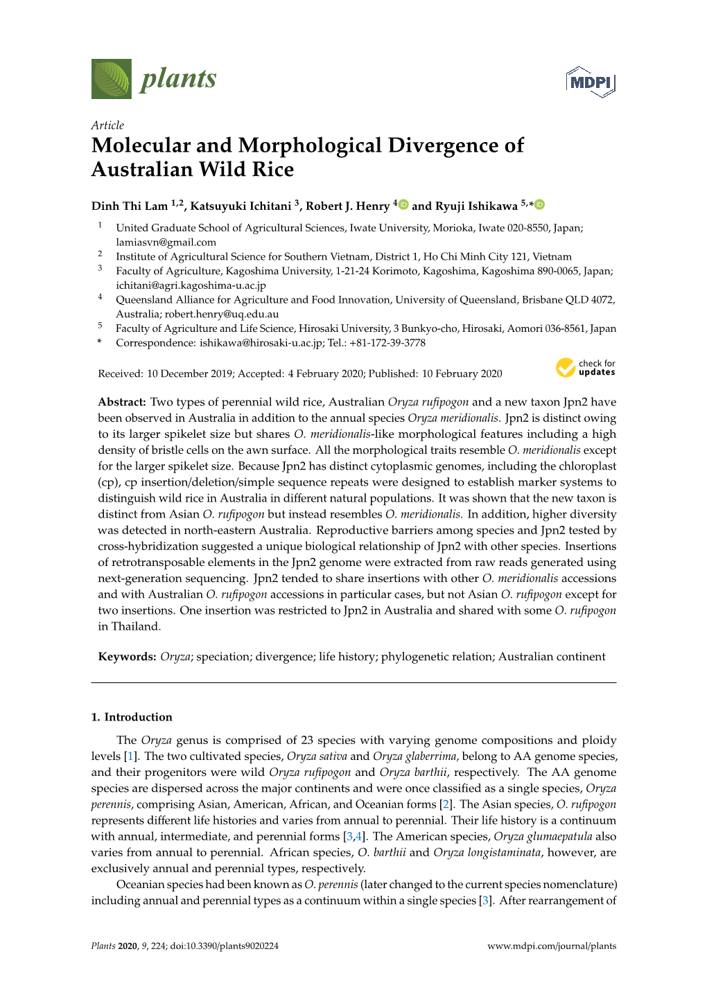 Molecular and Morphological Divergence of Australian Wild Rice