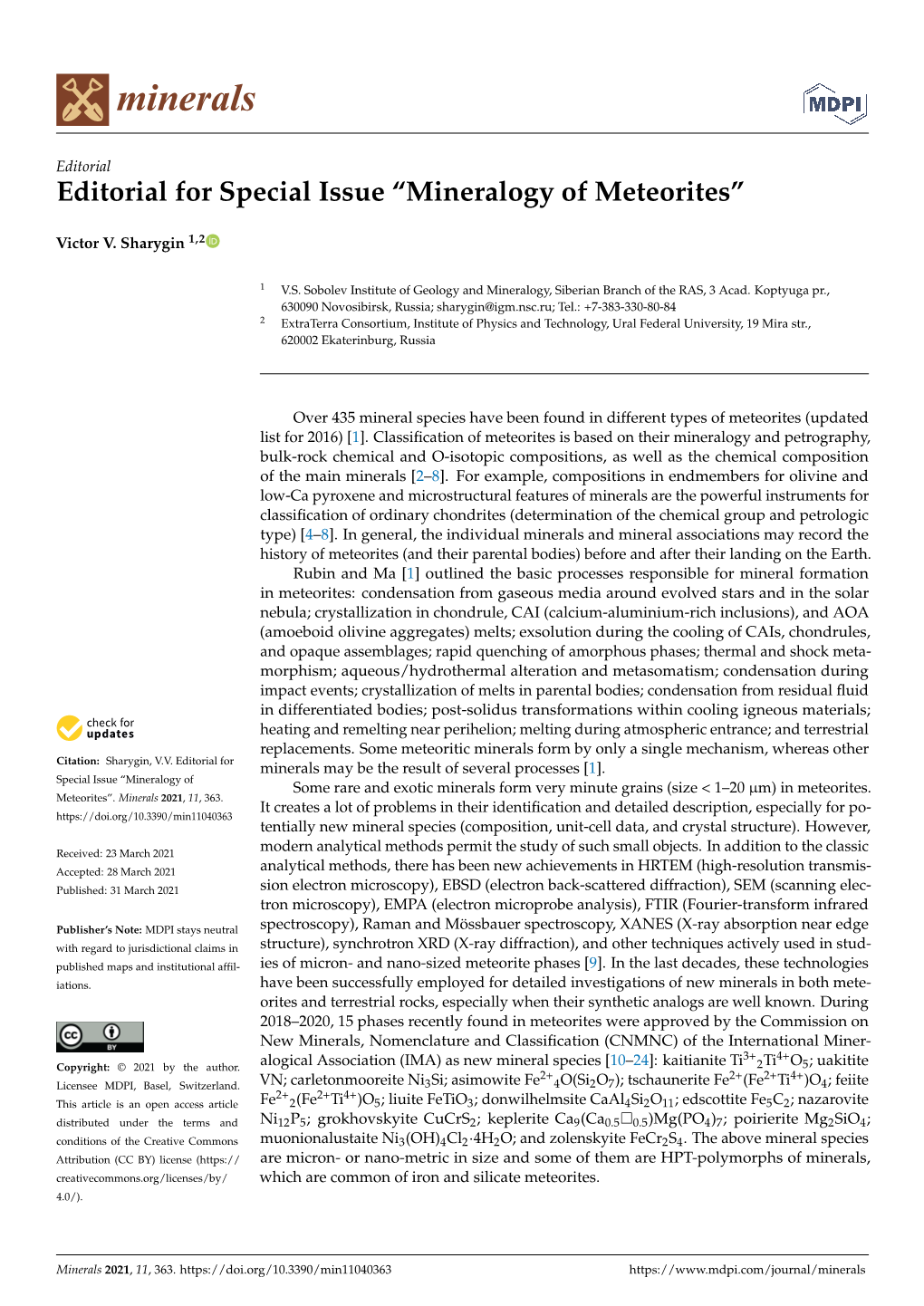 Editorial for Special Issue “Mineralogy of Meteorites”