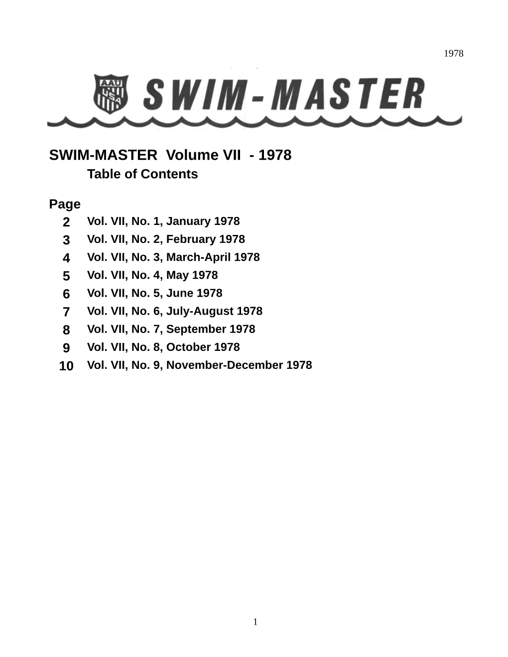 SWIM-MASTER Volume VII - 1978 Table of Contents