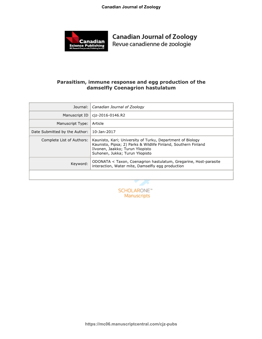 Parasitism, Immune Response and Egg Production of the Damselfly Coenagrion Hastulatum