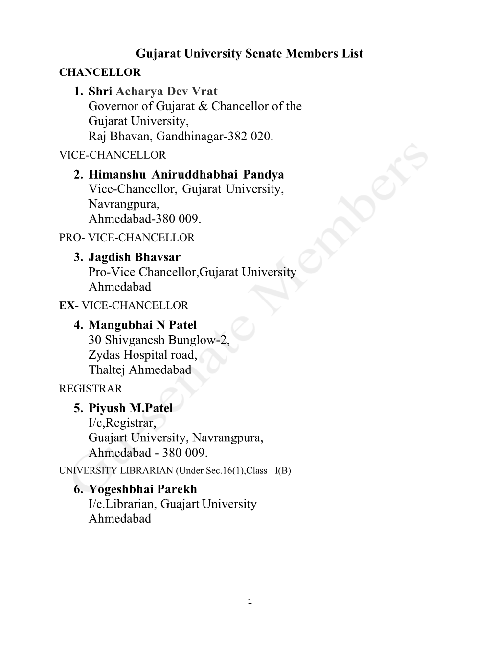 Gujarat University Senate Members List 1. Shri Acharya Dev Vrat