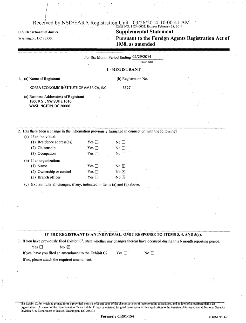 Received by NSD/FARA Registration Unit 03/26/2014 10:00:41 AM • Us Department of Justice Supplemental Statement Washington