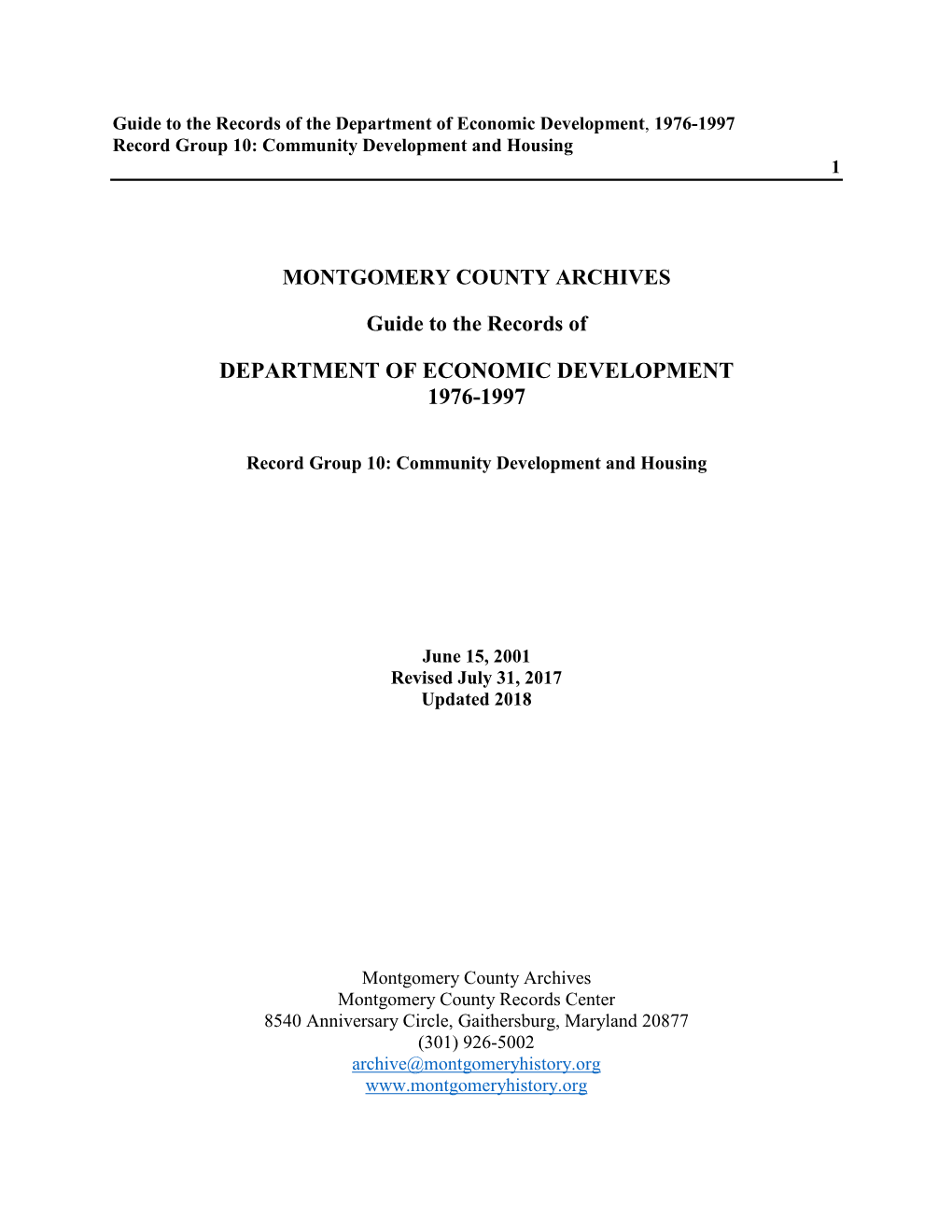 Department of Economic Development, 1976-1997 Record Group 10: Community Development and Housing 1