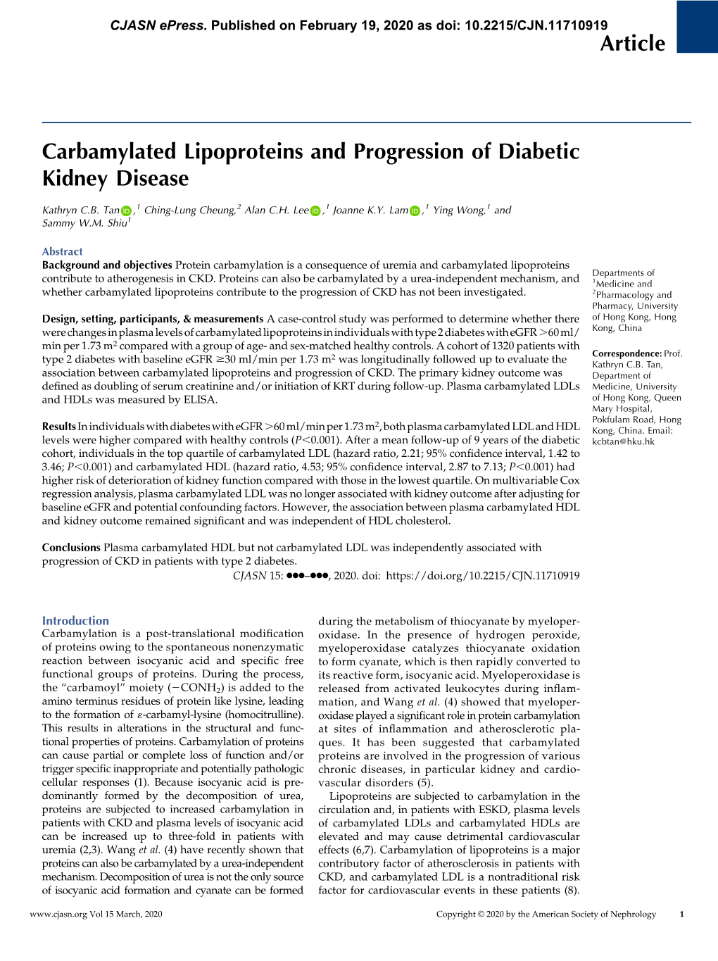 Article Carbamylated Lipoproteins and Progression of Diabetic Kidney