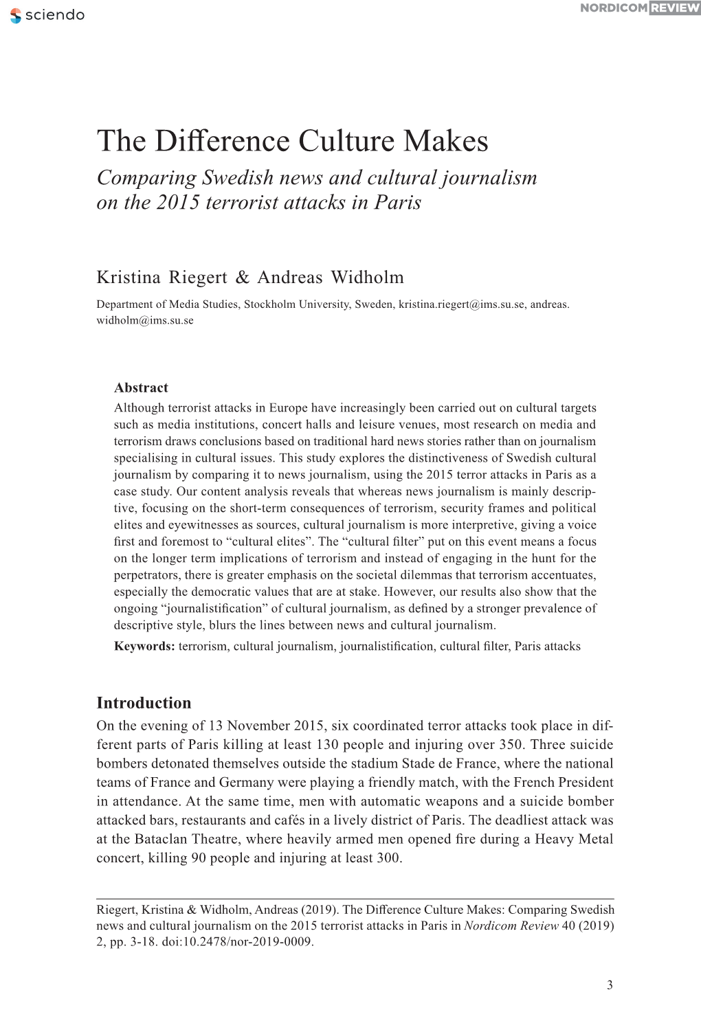 The Difference Culture Makes Comparing Swedish News and Cultural Journalism on the 2015 Terrorist Attacks in Paris